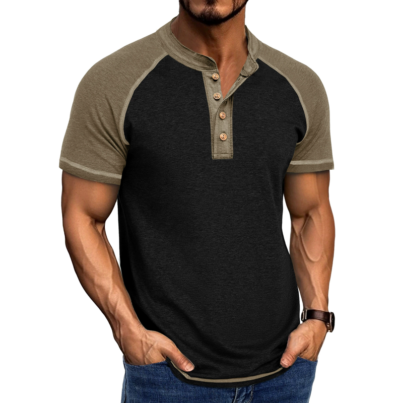 Men's Colorblock Henley Collar Raglan Short Sleeve T-shirt 70863651Z