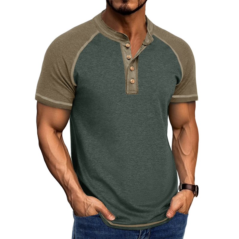 Men's Colorblock Henley Collar Raglan Short Sleeve T-shirt 70863651Z