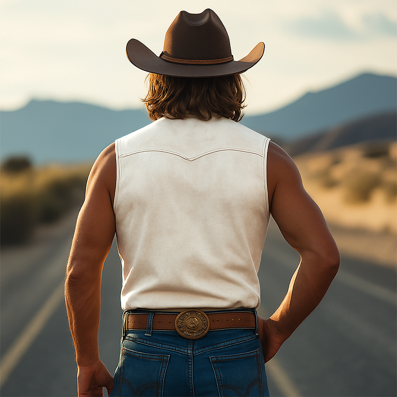 Men's Spring And Summer Fashion Retro Western Cowboy Style Tough Guy Thin Suede Embroidered Tassel Slim Sleeveless Shirt MTA1558E7K