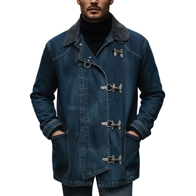 Men's Vintage Washed Single-breasted Lapel Contrast Color Mid-length Denim Coat MTA1456J5X