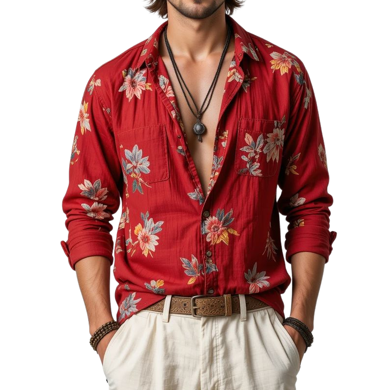 Men's Floral Lapel Chest Pocket Long Sleeve Shirt MTA2207G3Z