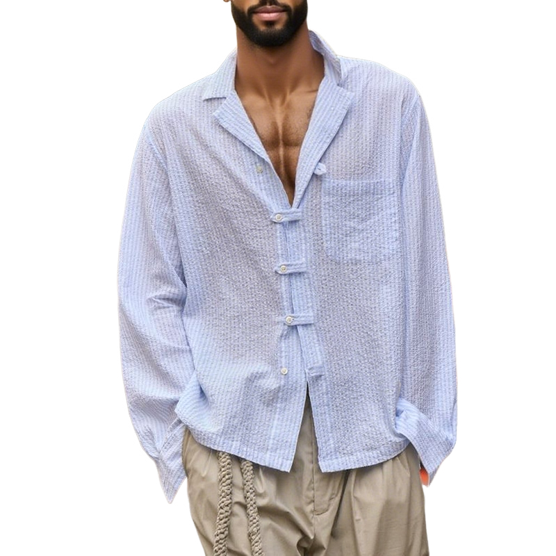 Men's Bubble Textured Striped Lapel Long Sleeve Shirt MTA2217G5Z