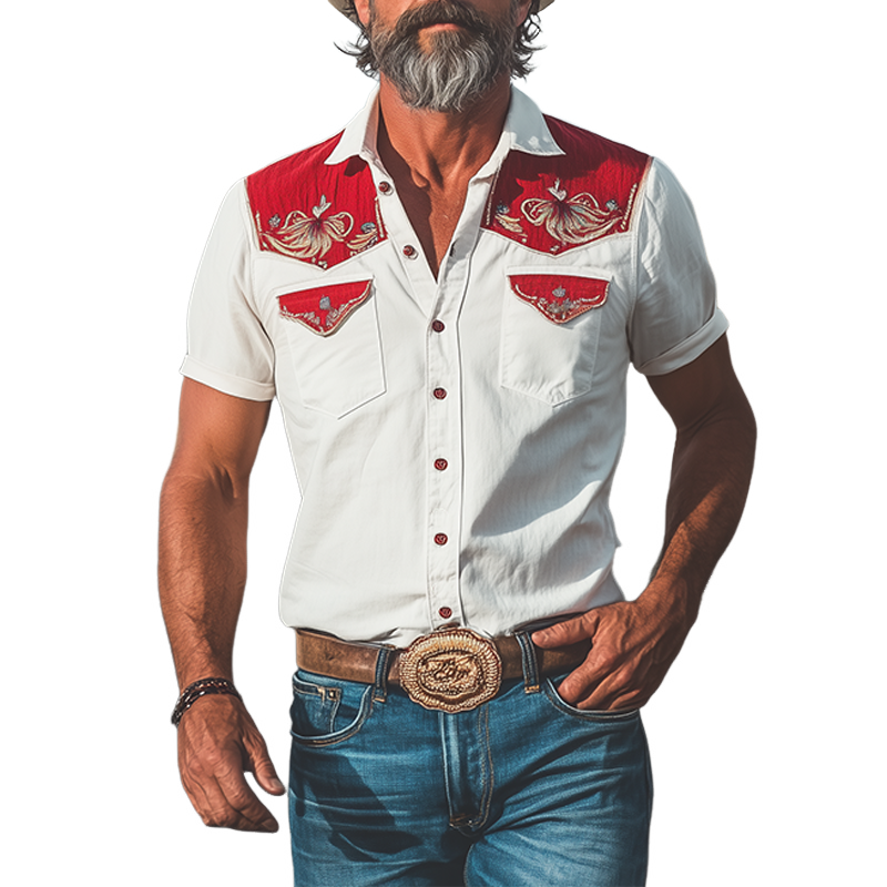 Men's Spring And Summer New Fashion Retro Western Cowboy Style Cotton Blended Stitching Cotton And Linen Embroidery Slim Lapel Short-Sleeved Shirt MTA0937E2K