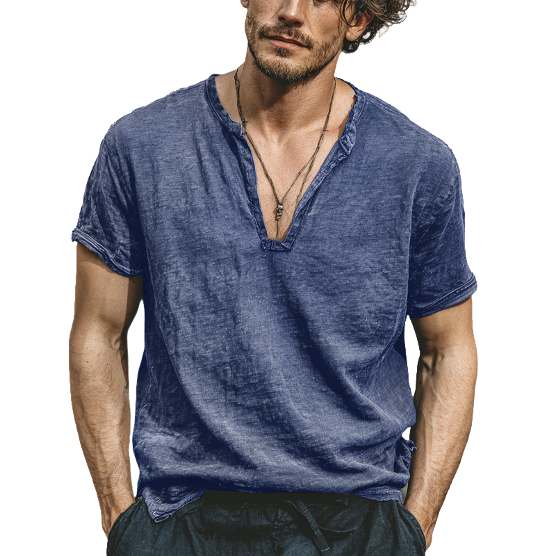 Men's Linen Blend V-Neck Short Sleeve T-Shirt MTA0253G9X