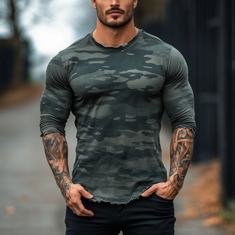 Men's Fashion Camouflage Print Crew Neck Raw Edge Slim Fit Long Sleeve T-Shirt 18930453Y