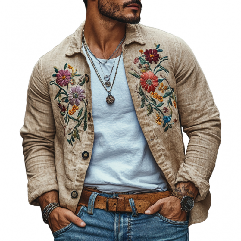 Men's Casual Linen Embroidered Lapel Loose Long Sleeve Shirt 13095416M