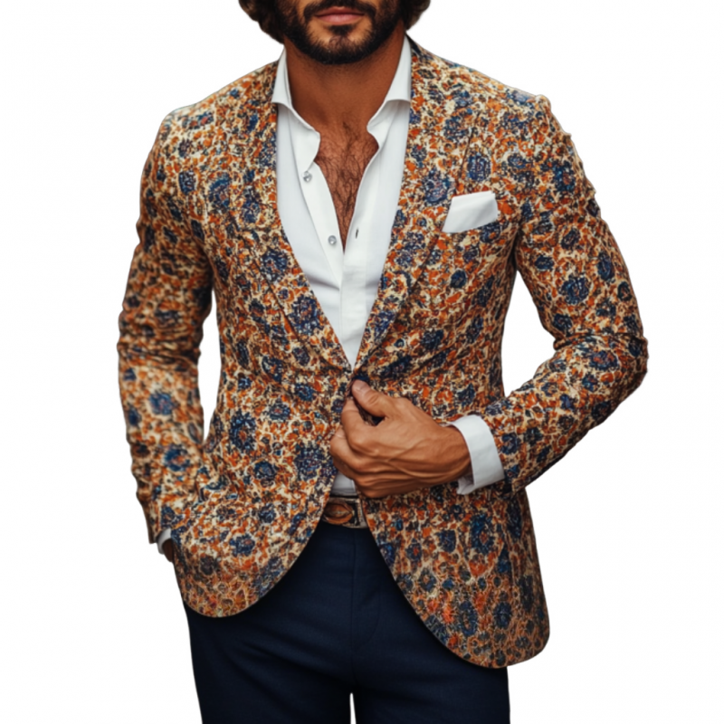 Men's Vintage Floral Print Notched Lapel Single Breasted Slim Fit Blazer 18919455M