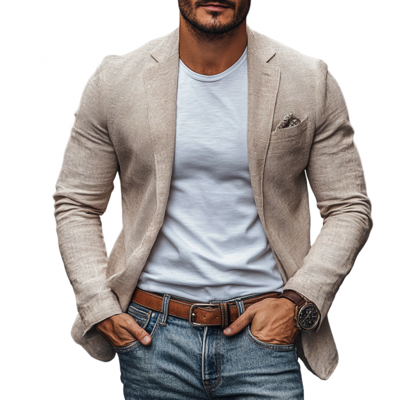 Menn Uformelt bomull Lin Hakk Lapel Single-breasted Slim-Fit Blazer 96691474M