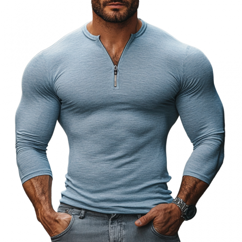 Men's Casual Cotton Blended Zipper Neck Slim Fit Long Sleeve T-Shirt 02478801M