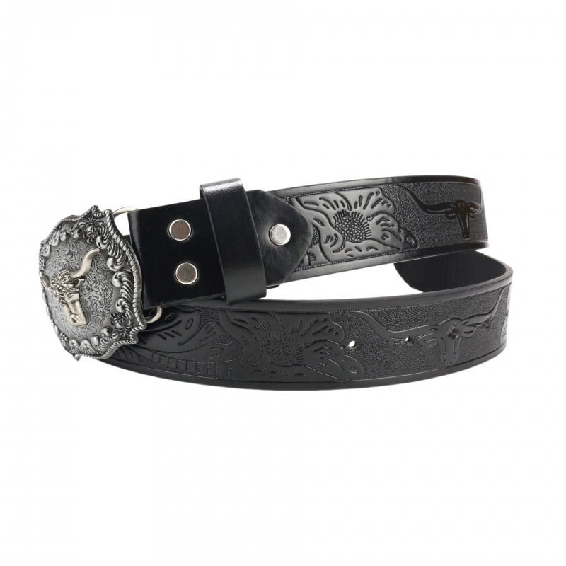 Men's Vintage Bullhead Punk Embossed Western Cowboy Leather Belt 00290054M