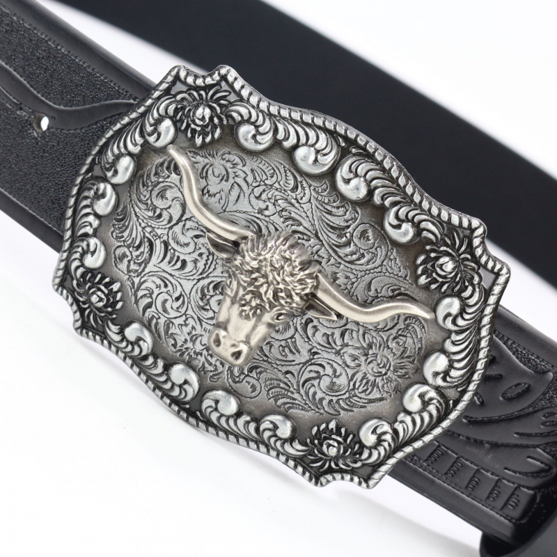 Men's Vintage Bullhead Punk Embossed Western Cowboy Leather Belt 00290054M