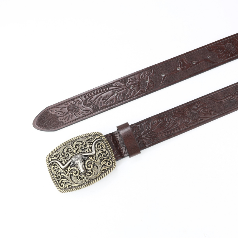 Men's Vintage Engraved Western Cowboy Leather Belt 66925597M