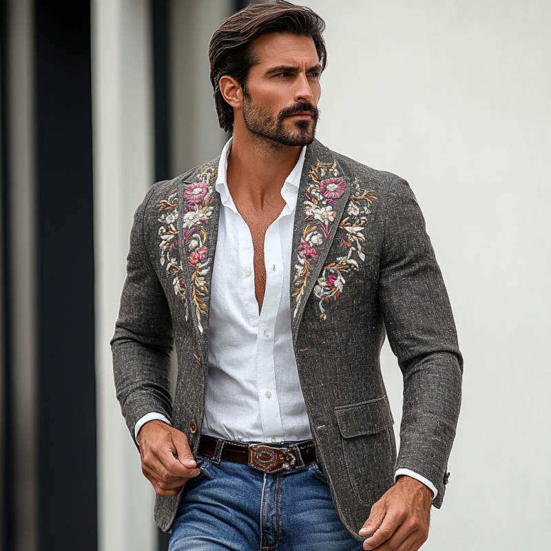 Men's Vintage Classic Slim Fit Rose Embroidered Linen Blazer 58896966K