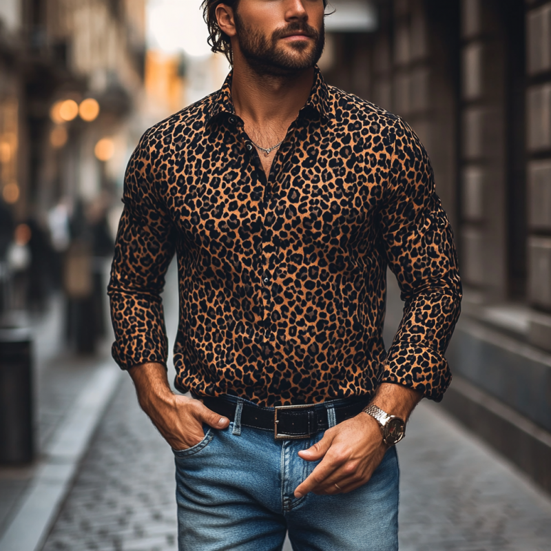 Men's Fashion Leopard Print Lapel Slim Fit Long Sleeve Shirt 45268473M