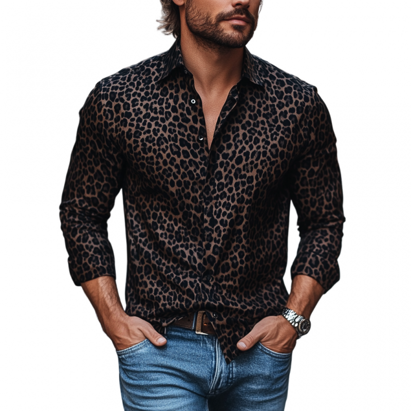 Men's Fashion Leopard Print Lapel Slim Fit Long Sleeve Shirt 21519407M