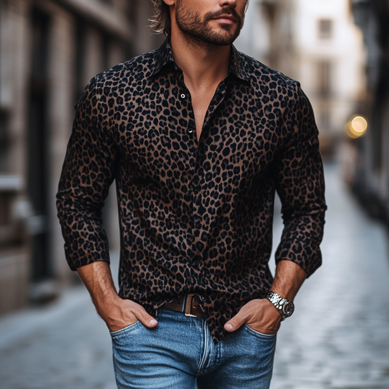 Men's Fashion Leopard Print Lapel Slim Fit Long Sleeve Shirt 21519407M