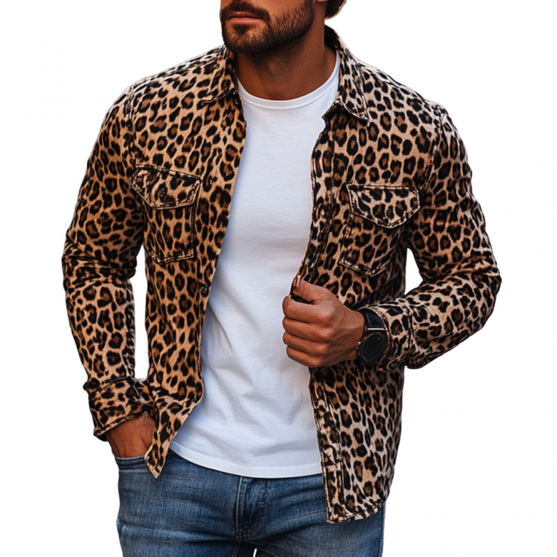 Herremote leopardtrykk jakkeslag bryststropp Slim Fit Langermet skjorte 99942928M