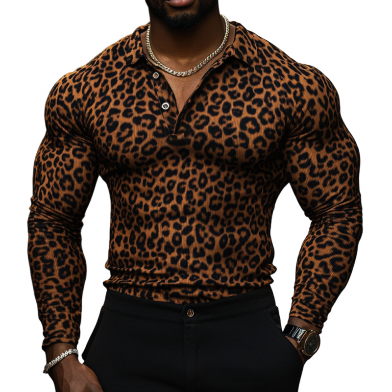 Men's Fashion Leopard Stipe Print Lapel Slim Fit Long Sleeve Polo Shirt 83822842M