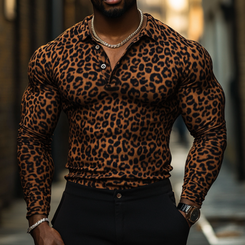 Men's Fashion Leopard Stipe Print Lapel Slim Fit Long Sleeve Polo Shirt 83822842M