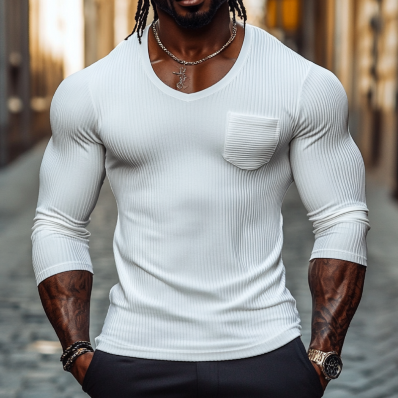 Men's Casual Cotton Blended V Neck Slim Fit Long Sleeve T-Shirt 76347821M