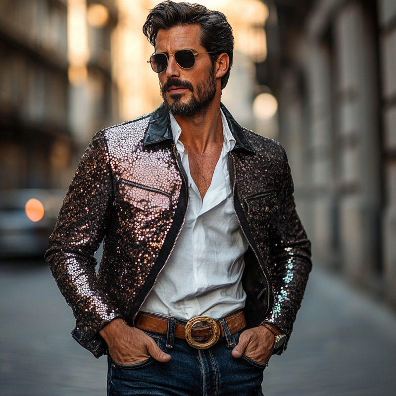 Men's Casual Lapel Leather Sequin Patchwork Slim-fit Jacket 00189937M