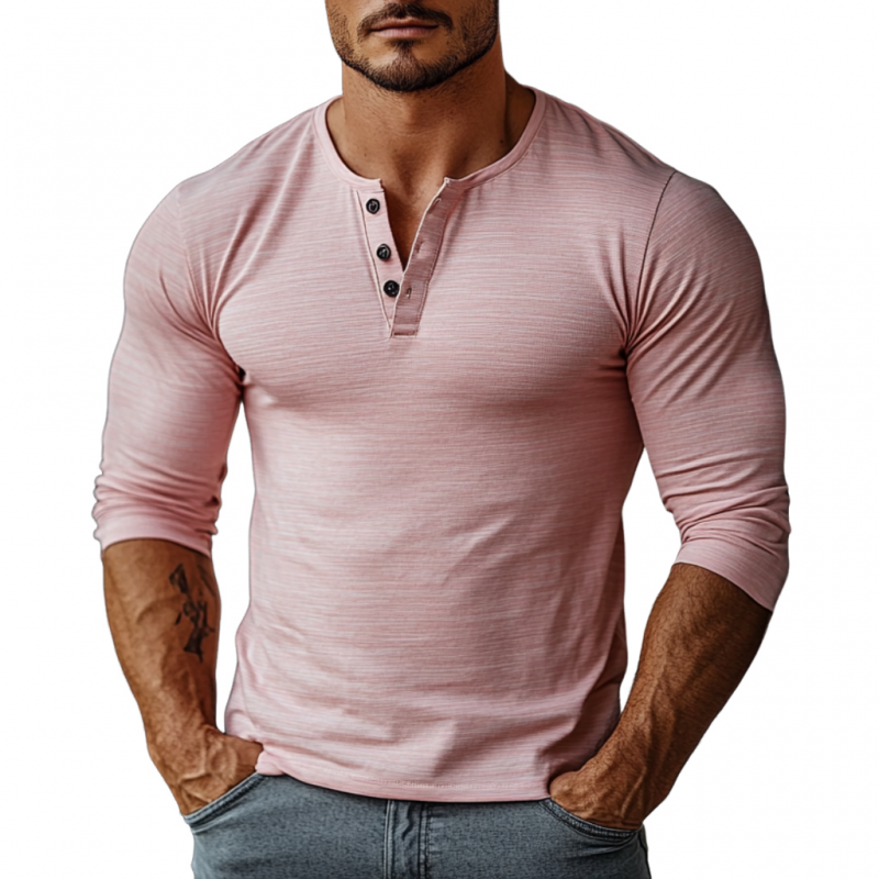 Uformell bomullsblanding for menn, stripe Henley krage Slim Fit Langermet T-skjorte 14371132M