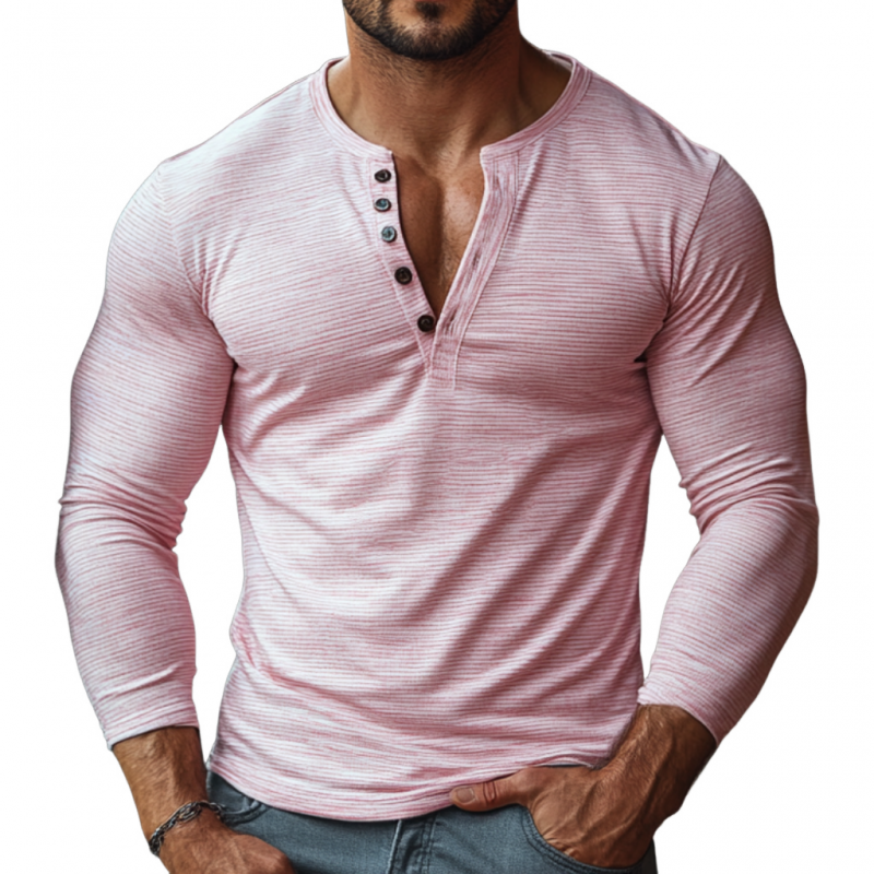 Tilfeldig bomullsblanding for menn, stripe Henley krage Slim Fit Langermet T-skjorte 03454788M