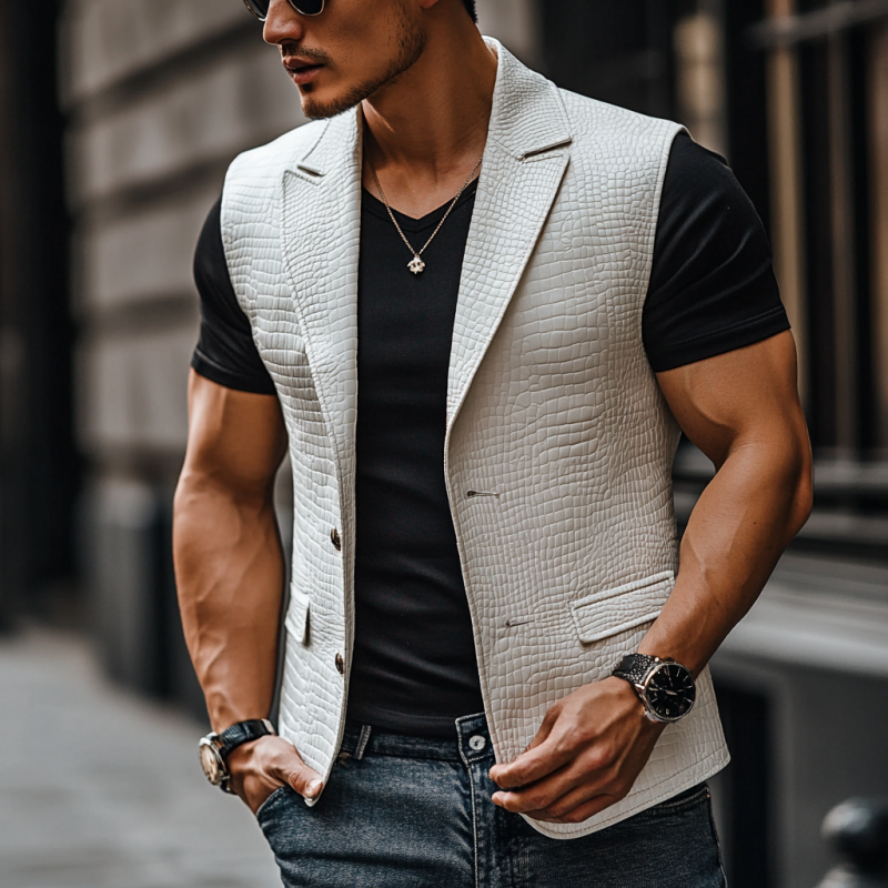 Men's Vintage Matte Crocodile Leather Peaked Lapel Single Breasted Vest 58705966M