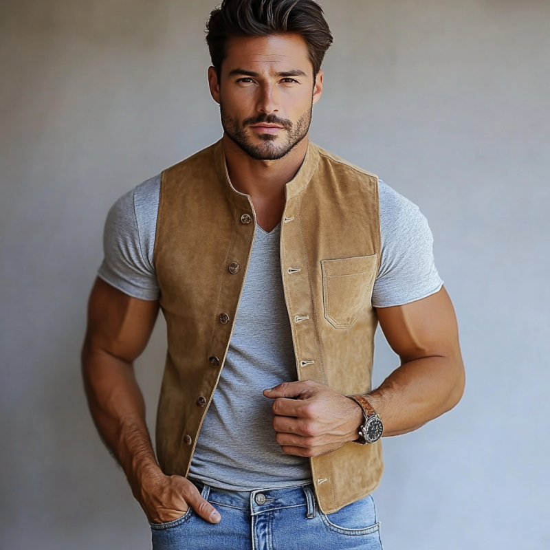 Men's Fashion Suede Stand Collar Single Breasted Slim Fit Vest 64492843Y