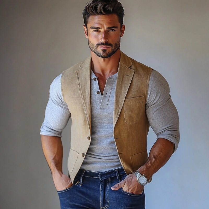 Men's Fashion Linen Lapel Multi-Pocket Single Breasted Slim Fit Vest 08404783Y