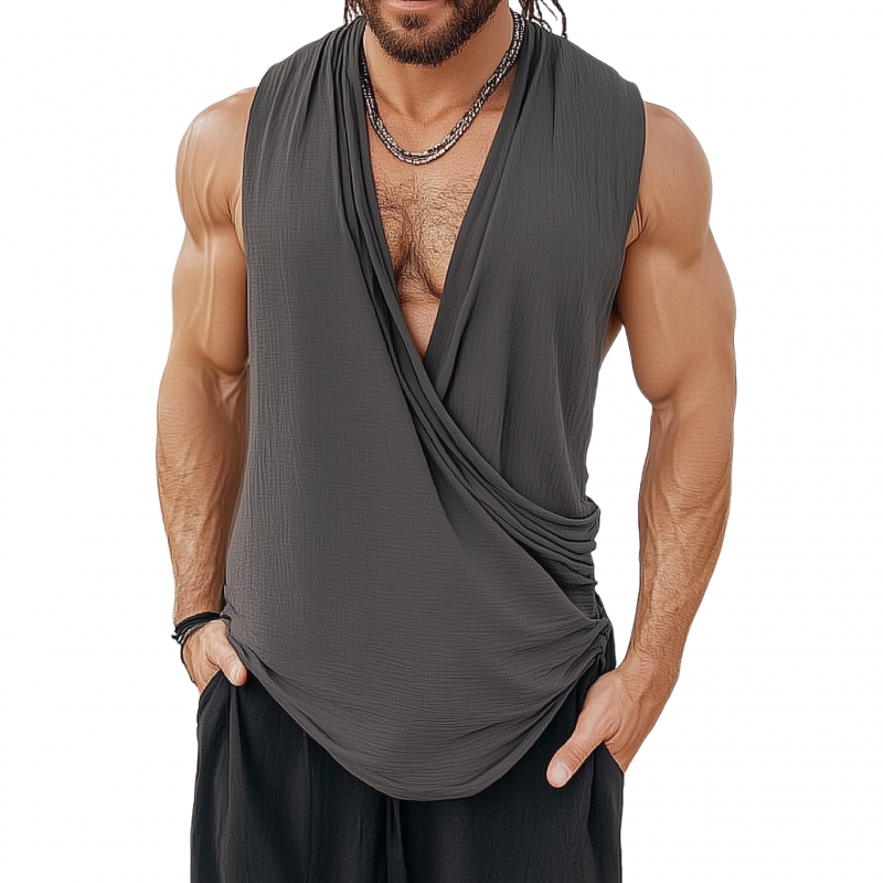 Men's Casual V-neck Cotton Linen Cross-pleated Loose Tank Top 60784451M