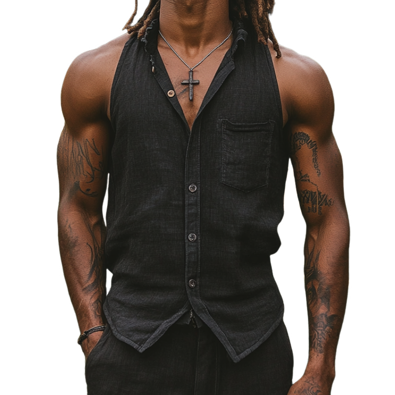 Men's Casual Cotton Linen Lapel Patch Pocket Slim Sleeveless Shirt 21906309M