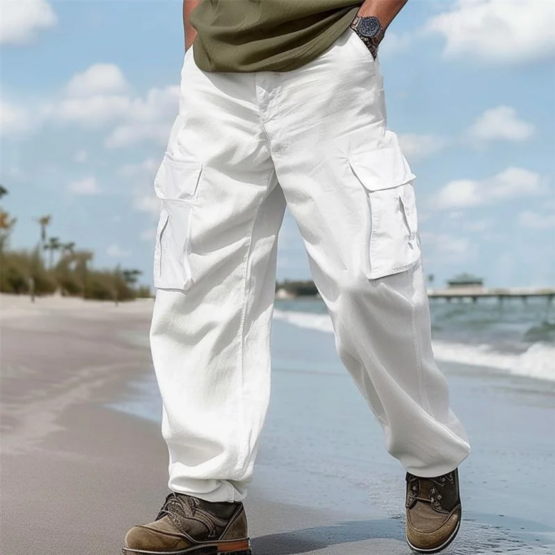 Men's Solid Color Loose Cotton And Linen Multi-pocket Cargo Pants 54705933Z