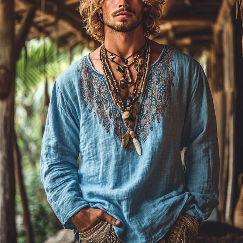 Men's Bohemian Print V Neck Long Sleeve Loose Fit Shirt 06624624Z