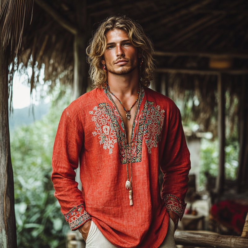 Men's Bohemian Print V Neck Long Sleeve Loose Fit Shirt 88494874Z