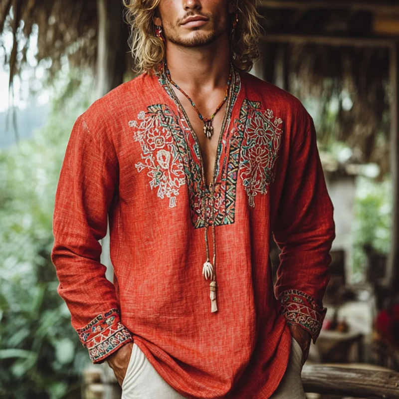 Men's Bohemian Print V Neck Long Sleeve Loose Fit Shirt 88494874Z