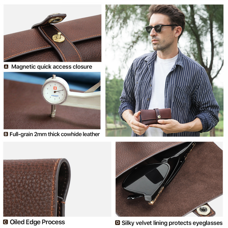 Men's Portable Handmade Top Layer Cowhide Magnetic Buckle Glasses Storage Bag 75623401K