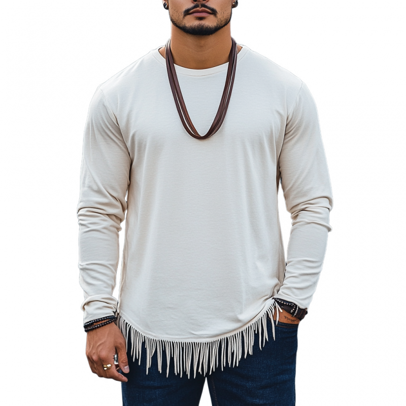 Men's Casual Cotton Round Neck Hem Tassel Loose Long Sleeve T-Shirt 12710876M