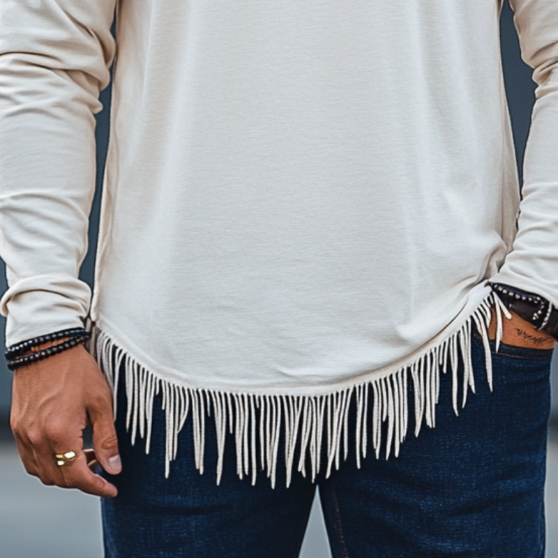 Men's Casual Cotton Round Neck Hem Tassel Loose Long Sleeve T-Shirt 12710876M