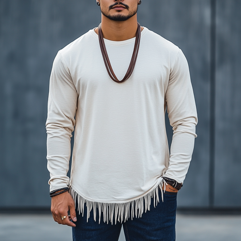 Men's Casual Cotton Round Neck Hem Tassel Loose Long Sleeve T-Shirt 12710876M