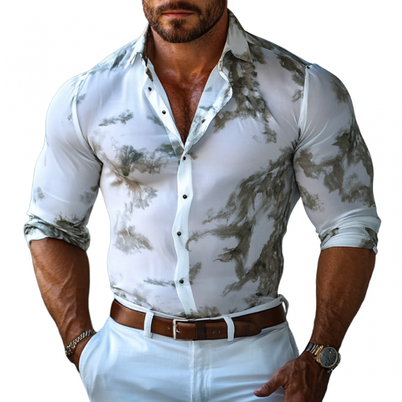 Men's Casual Transparent Chiffon Print Lapel Slim Fit Long Sleeve Shirt 68081015M