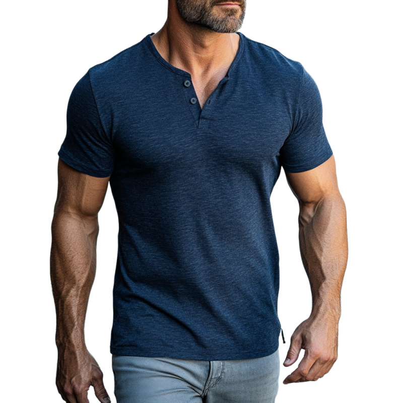 Men's Casual Cotton Henley Collar Slim Fit Short Sleeve T-Shirt 37496261M