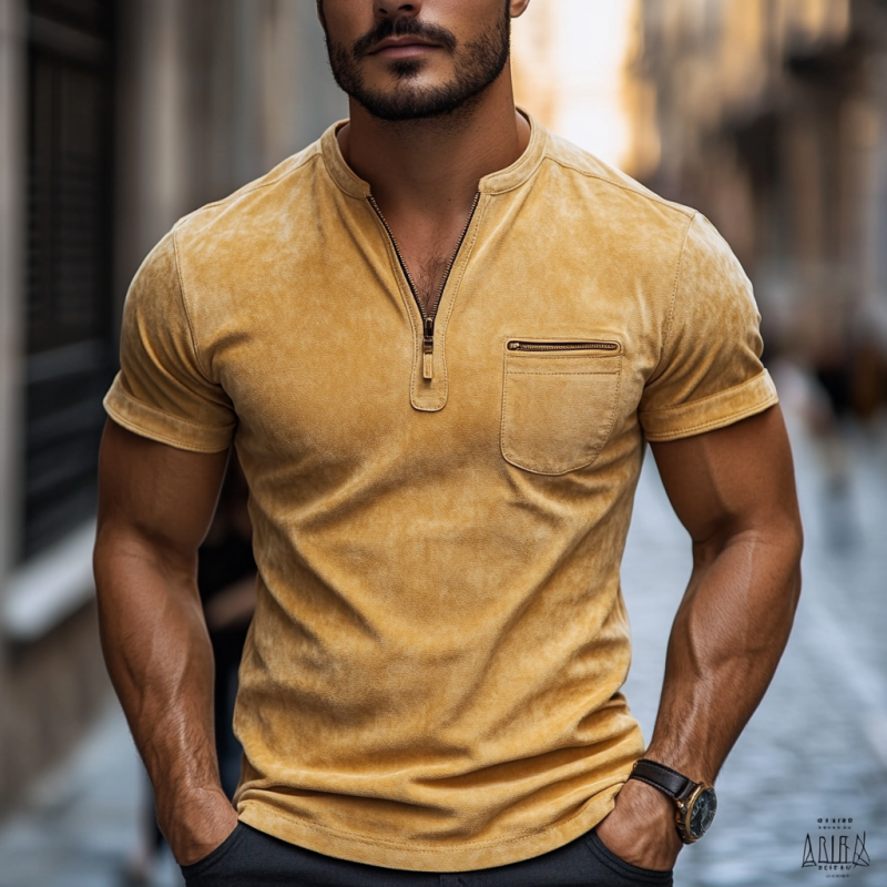 Men's Classic Casual Slim Fit V-Neck Zipper Pocket Suede Short Sleeve T-Shirt 29951507K