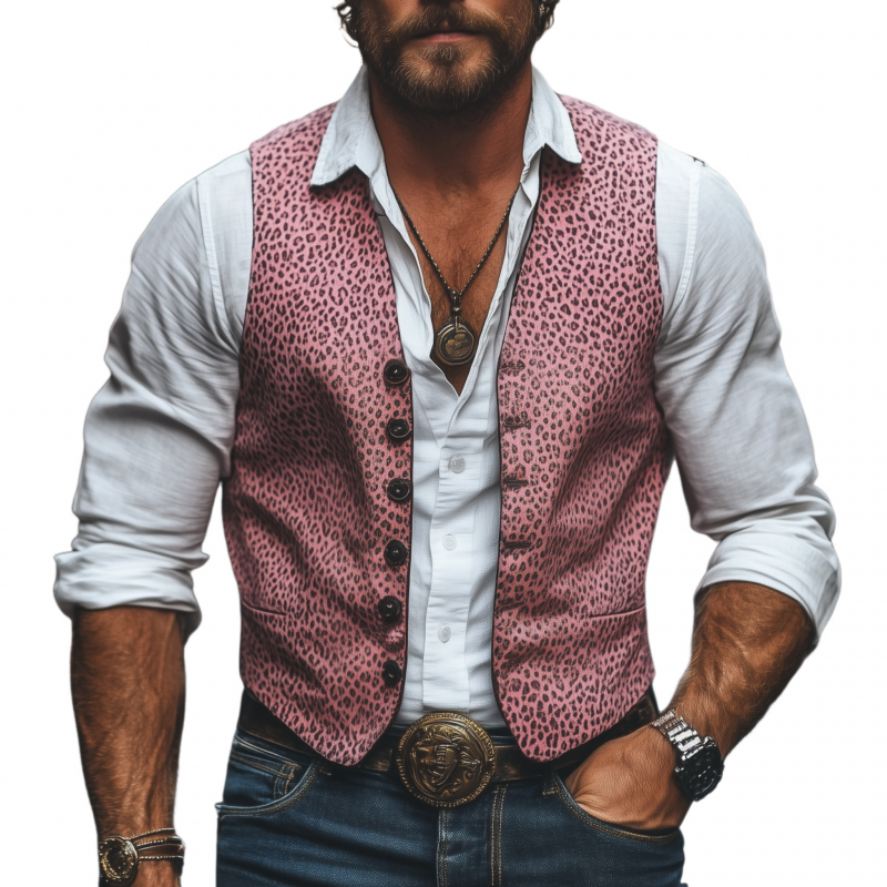 Men's Vintage Leopard PU Print V-Neck Single-Breasted Slim Fit Vest 41859096M