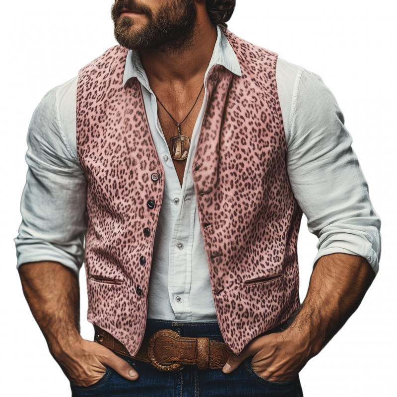 Men's Vintage Leopard PU Print V-Neck Single-Breasted Slim Fit Vest 48109204M