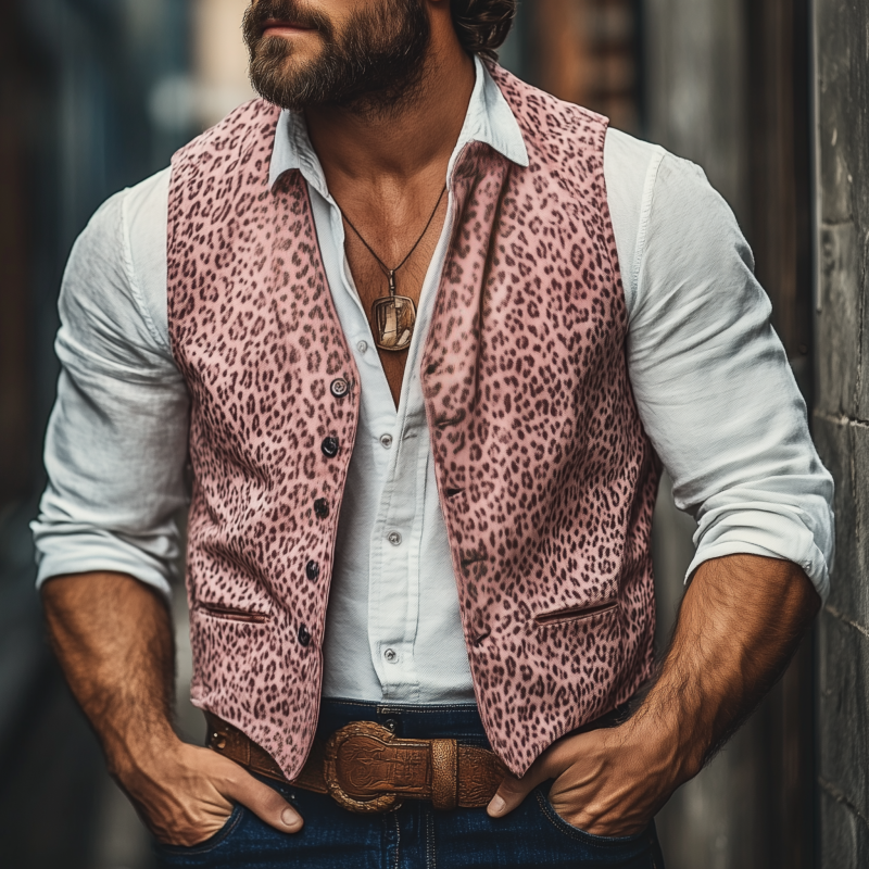 Men's Vintage Leopard PU Print V-Neck Single-Breasted Slim Fit Vest 48109204M