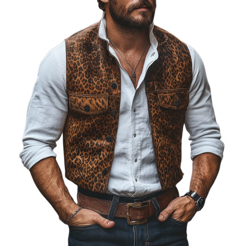 Men's Vintage Leopard Print PU Stand Collar Single Breasted Slim Vest 39872584M