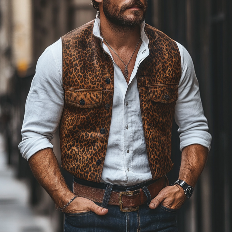 Men's Vintage Leopard Print PU Stand Collar Single Breasted Slim Vest 39872584M