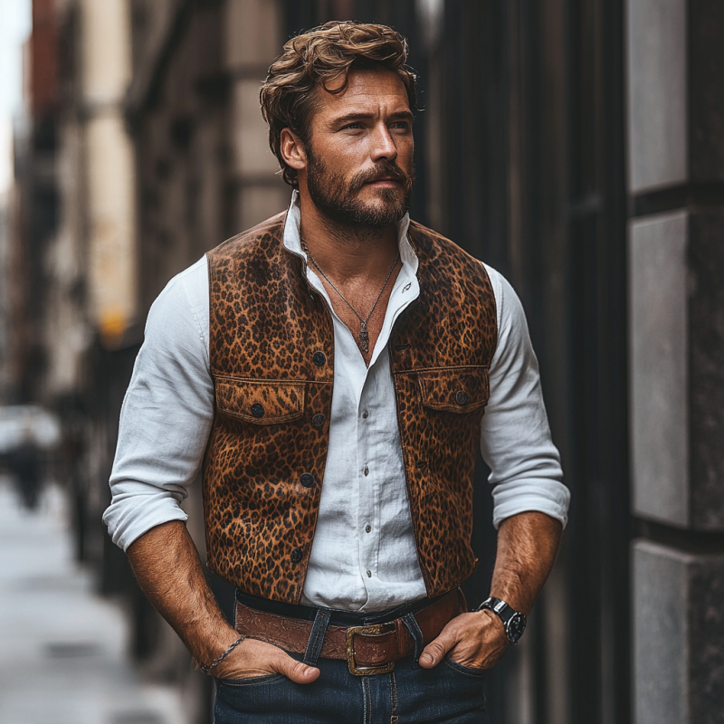 Men's Vintage Leopard Print PU Stand Collar Single Breasted Slim Vest 39872584M