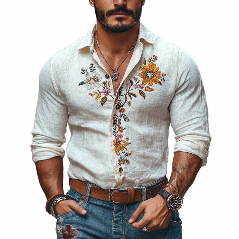 Men's Casual Linen Embroidered Lapel Slim Fit Long Sleeve Shirt 04940080M